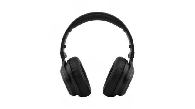 A close up shot of a pair of black over ear headphones isolated against a black background in studio