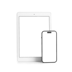 Modern mobile phone and tablet computer on white background