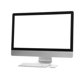 Modern computer monitor, keyboard and mouse on white background