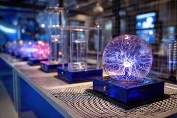Explore interactive exhibits at a science park featuring Newton's Cradle and electric plasma orbs showcasing physics principles and energy dynamics