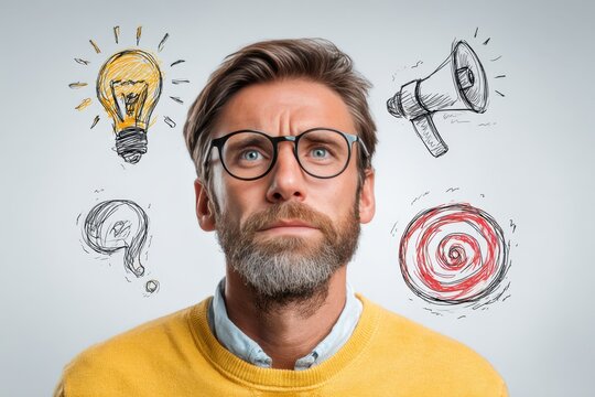 Thoughtful man with glasses surrounded by creative symbols highlighting imagination and ideas