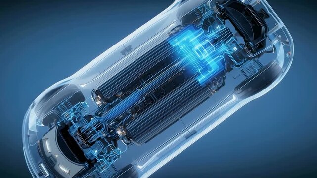 Transparent high-tech capsule revealing detailed internal components with glowing blue circuitry and advanced mechanical structures in a modern engineering design