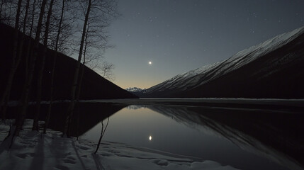 Serene Alaskan Lake Reflects Starry Night Sky and Distant Mountain Peaks