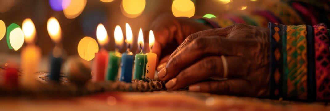 Kwanzaa celebration with kinara candles and a festive atmosphere. Annual celebration of African-American culture. Horizontal banner. Copy space