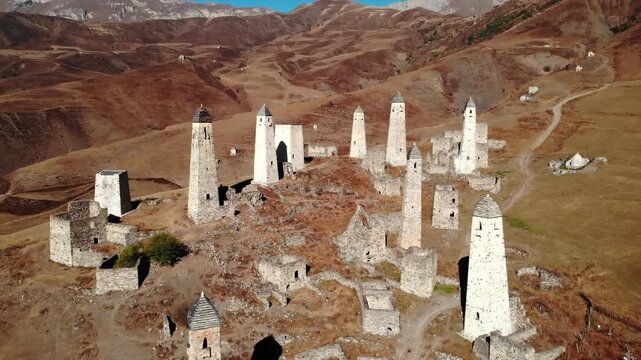 Medieval vainakh tower complex in caucasus mountains. Media