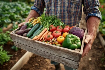 Freshly harvested organic vegetables in a rustic wooden crate from a sunny farm field ready for market