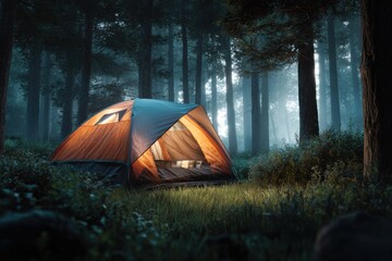 Camping tent set up in a lush green forest during twilight for a peaceful outdoor experience in nature