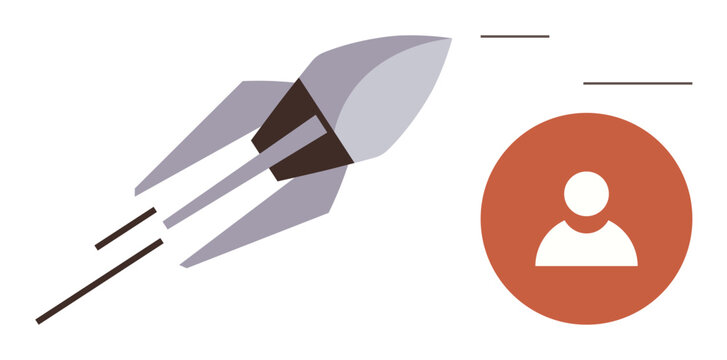 Rocket flying towards a user profile icon, representing development, growth, innovation, online progress. Ideal for concepts thumbs up success, technology, achievement, motivation ambition
