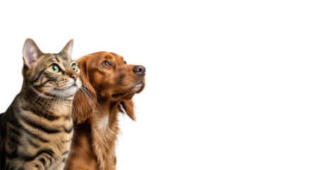 Healthy brown tabby cat with green eyes and Spaniel dog, side-by-side on transparent studio, looking up with keen intelligence, concept of strategic foresight