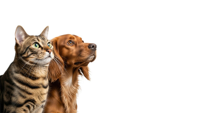 Healthy brown tabby cat with green eyes and Spaniel dog, side-by-side on transparent studio, looking up with keen intelligence, concept of strategic foresight