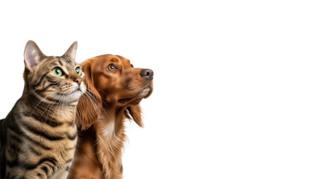 Healthy brown tabby cat with green eyes and Spaniel dog, side-by-side on transparent studio, looking up with keen intelligence, concept of strategic foresight