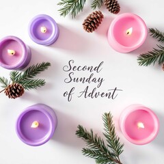 Four lit candles in pink and purple surrounded by pinecones and evergreen branches on white background