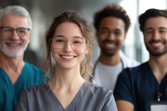 Diverse healthcare professionals smiling and showing teamwork in a modern hospital during the daytime while engaged in their daily activities
