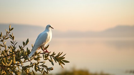 At dawn, white doves perch on olive branches, silhouetted against the tranquil lake. Wildlife magazines and conservation campaigns, designed specifically for wildlife protection initiatives, 