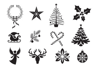 Christmas Silhouette Icon Set, Festive Holiday Vector Decorations.