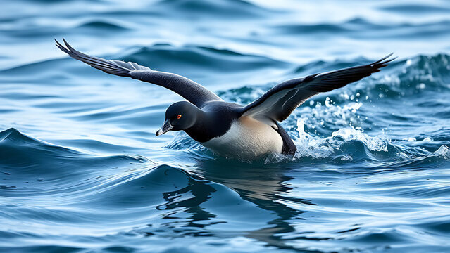 scoter. A black scoter duck dives in icy ocean water with wings partially spread, captured in motion. wildlife magazines, conservation campaigns, designed for wildlife conservation campaigns.