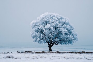 Bare tree covered in frozen frost and snow crystals, isolated in a snowy white field, cold blue-toned lighting, minimal winter landscape