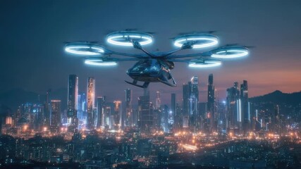 A futuristic drone with glowing circular rotors hovers above a neon-lit city skyline at night. - Powered by Adobe