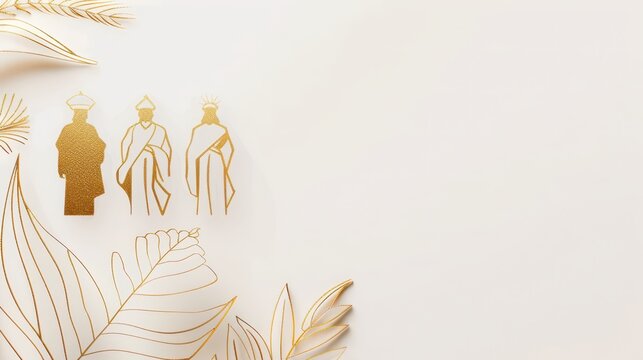 Elegant epiphany three kings day design with gold silhouettes and floral accents for card or poster. Star of Bethlehem, or Christmas Star. Horizontal banner. Copy space. Three Kings Day
