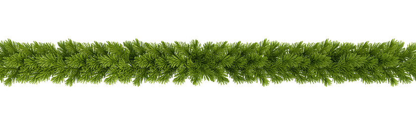 Christmas garland green pine tree branches isolated on transparent