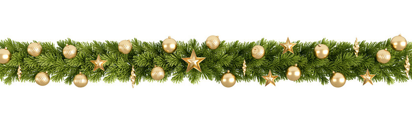 Naklejka premium Christmas garland pine tree branches with balls and star isolated on transparent