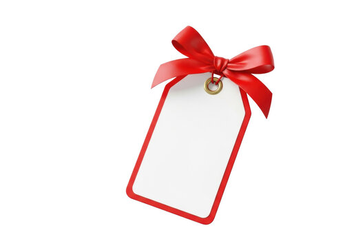 Pristine blank white gift tag, vibrant red border, subtle brass eyelet, elegant red satin bow, isolated on transparent background with ample copy space, Concept of personalization and gifting