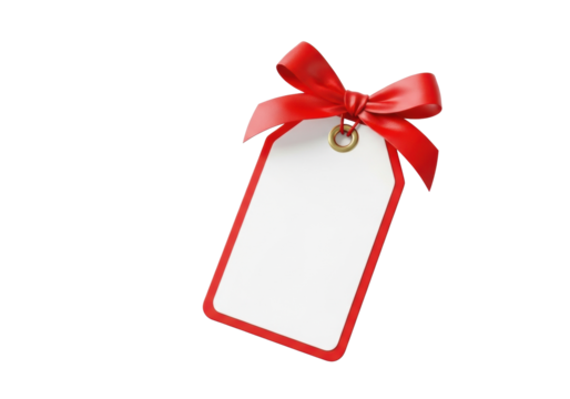 Pristine blank white gift tag, vibrant red border, subtle brass eyelet, elegant red satin bow, isolated on transparent background with ample copy space, Concept of personalization and gifting