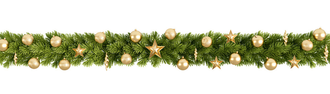 Christmas garland pine tree branches with balls and star isolated on transparent