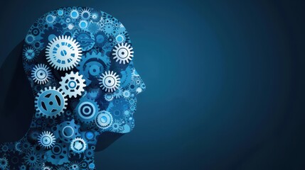 World logic day concept with human head silhouette made of gears on blue background. Horizontal banner. Copy space. World Philosophy Day. Creativity and Knowledge. Flat illustartion