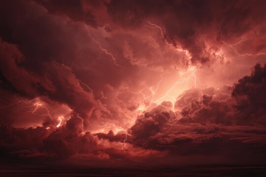 Striking red lightning illuminates stormy night sky over dark landscape with ominous clouds and electric atmosphere