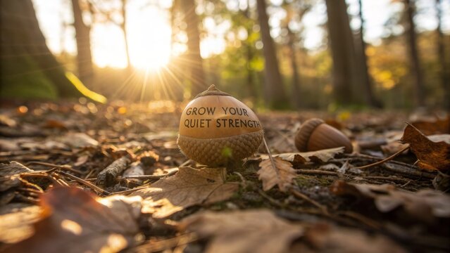 An acorn displaying the motivational phrase Grow Your Quiet Strength - Powered by Adobe