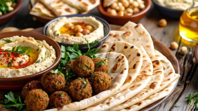 A vibrant close-up of a spread featuring falafel, hummus, pita bread, and other ingredients