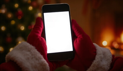 Santa hand holding smartphone with blank screen on christmas tree and fireplace background