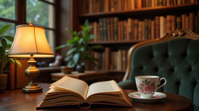 Cozy reading nook with open book lamp and tea by a bookshelf