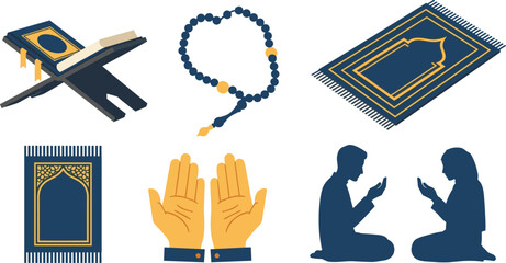 Islamic religious items and prayer symbols illustration