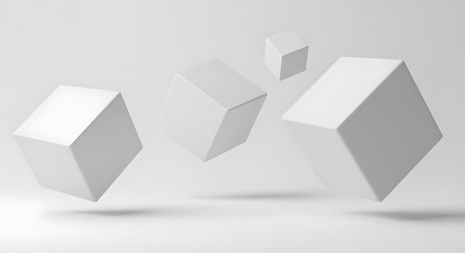 Floating white cubes in soft light against gray background with geometric shadows and spatial depth.