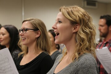 Adult students actively engaging in vocal class practice to improve singing skills in a classroom setting during the evening