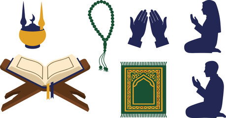 Islamic symbols of faith and prayer including quran prayer rug and people praying