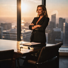 Stunning portrait of a confident blonde businesswoman in a luxury office at sunset. Perfect stock photo for corporate success, leadership, empowerment, CEO and modern business concepts