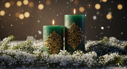 Emerald candle duo with snow-dusted pine branches and warm glowing bokeh in a luxury Christmas look