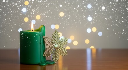 Emerald candle with metallic gold snowflake ornament and soft snowfall in a luxury Christmas setup