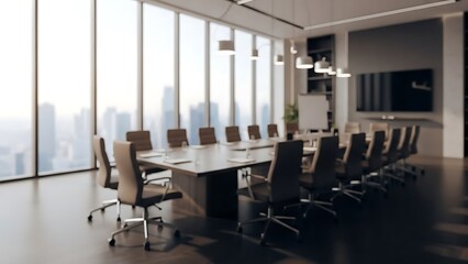 Empty modern corporate conference room with panoramic city view through large windows, ready for a high-level meeting.