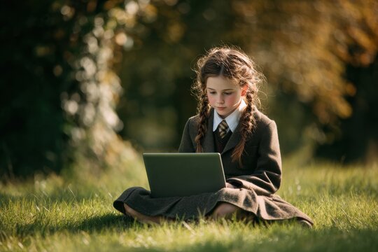 Young girl student sitting on grass under soft sunlight, focused on using laptop for studying or exploring the internet