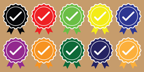 Collection of approval check mark rosette icons flat vector design elements for quality assurance and validation isolated on a neutral background EPS vector
