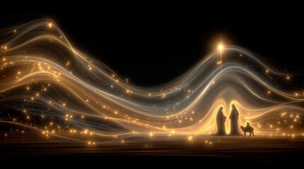 Elegant, conceptual nativity scene with flowing artistic light, divine symbolism, and serene atmosphere. Minimalist yet powerful representation of the Holy Family.