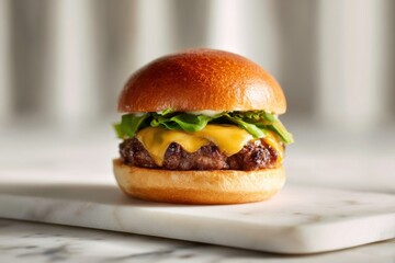 Minimalist food display of a tasty burger featuring fresh ingredients and a golden bun, set against a soft background to highlight its appealing look
