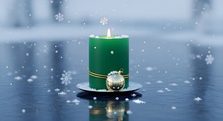 Minimal emerald candle with gold ornament sphere and gentle snowfall in an elegant winter scene
