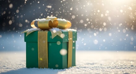 Premium emerald gift box with gold ribbon and dramatic snowfall in a luxury Christmas hero shot