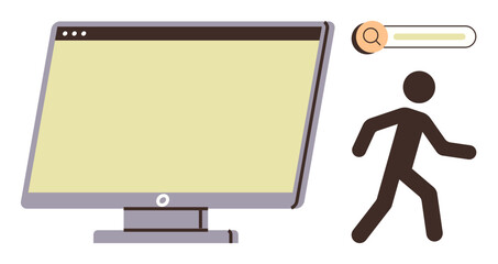 Computer monitor beside a person walking toward a search bar. Ideal for technology, internet navigation, online discovery, information search, digital learning, user-focused design, simple flat
