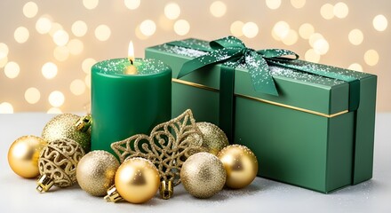 Emerald candle and gift box set with golden ornaments and snowfall in a luxury Christmas composition